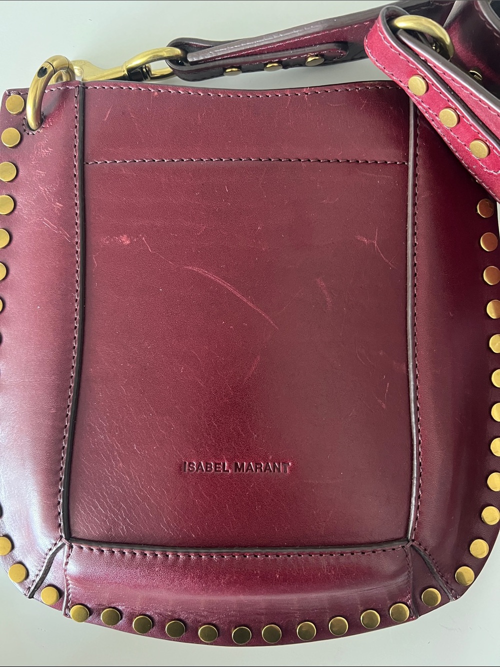 Isabel Marant Deep Burgundy Leather Shoulder Bag with Gold Studs